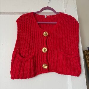 Chunky Red Knit Sweater Vest with Gold Buttons